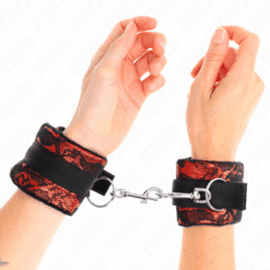 Comprar KINK - MUÑEQUERAS CORTAS DE ENCAJE TERCIOPELO Y UNIÓN DE NYLON ROJO/NEGRO 23 X 6.5 CM al mejor precio - Envíos Discretos