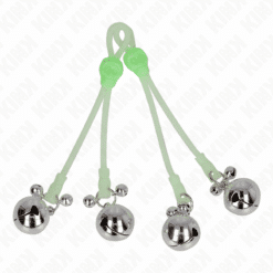 Comprar KINK - PINZAS PARA PEZONES LUMINOSAS FORMA CALABERA CON CASCABEL SONORO AJUSTABLE VERDE / PLATEADO al mejor precio - Envíos Discretos