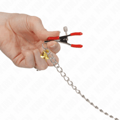 Comprar KINK - PINZAS PARA PEZONES Y CLÍTORIS ROJAS CON CASCABEL DORADO Y CADENA 30 CM al mejor precio - Envíos Discretos