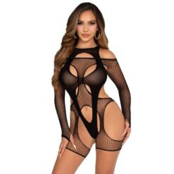 Comprar LEG AVENUE - BODY DE REJILLA CON LIGA Y ARNÉS NEGRO al mejor precio - Envíos Discretos