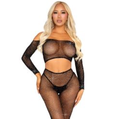 Comprar LEG AVENUE - CROP TOP Y LEGGING DE REJILLA CON PEDRERÍA NEGRO al mejor precio - Envíos Discretos