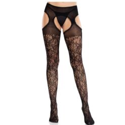 Comprar LEG AVENUE - MEDIAS DE ENCAJE FLORAL CON LIGAS UNIDAS NEGRO al mejor precio - Envíos Discretos