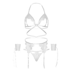 Comprar LEG AVENUE - SET CUATRO PIEZAS SUJETADOR, LIGUERO, TANGA Y PUÑOS TALLA ÚNICA - BLANCO al mejor precio - Envíos Discretos