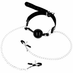 Comprar OHMAMA FETISH - MORDAZA BOLA NEGRA CON PINZAS PEZONES al mejor precio - Envíos Discretos