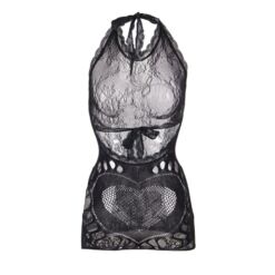 Comprar SUBBLIME - 952075 VESTIDO CORTO DE REJILLA CON ESPALDA DESCUBIERTA Y DETALLE DE CORAZÓN NEGRO TALLA ÚNICA al mejor precio - Envíos Discretos
