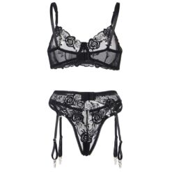 Comprar SUBBLIME - SET DE 3 PIEZAS SUJETADOR + TANGA + LIGA ESTAMPADO FLORAL NEGRO S/M al mejor precio - Envíos Discretos