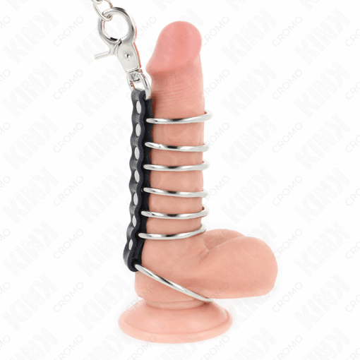 KINK - 7 ANILLOS PENE METAL 3.8 CM A 5 CM CONECTADOS CON POLIPIEL Y CADENA METAL 100 CM - Imagen 2