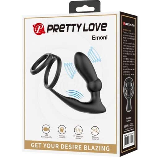 PRETTY LOVE - EMONI ANILLO PENE + PLUG ANAL 12 VIBRACIONES NEGRO - Imagen 8