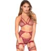 LEG AVENUE - 89362 SET TOP + TANGA + LIGUERO + ESPOSAS ROJO - TALLA ÚNICA